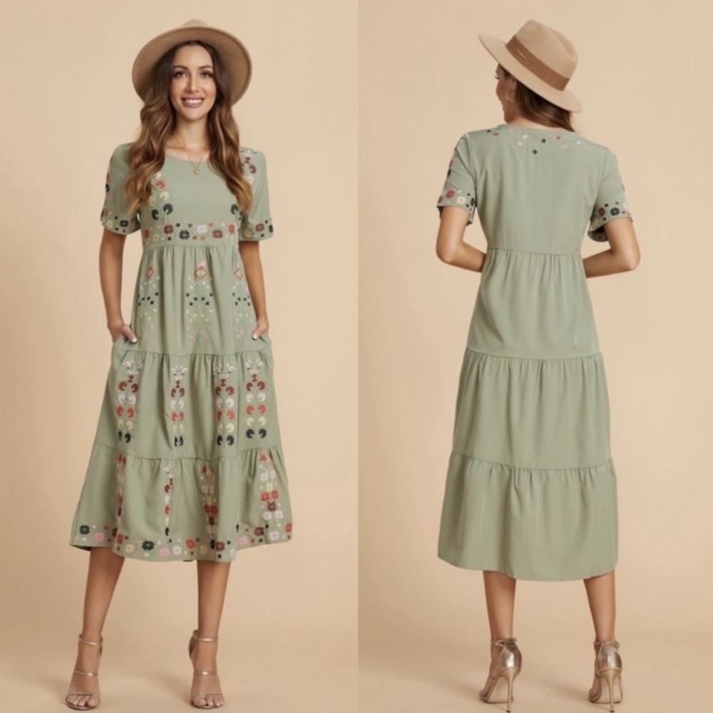 CURVEDREAM Floral Embroidery Tiered Midi Dress